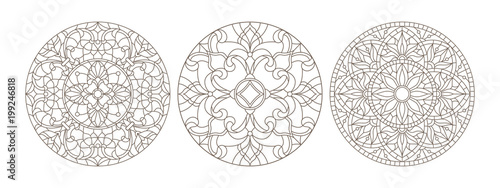 Set contour illustrations of stained glass, round stained glass floral, dark outline on a white background