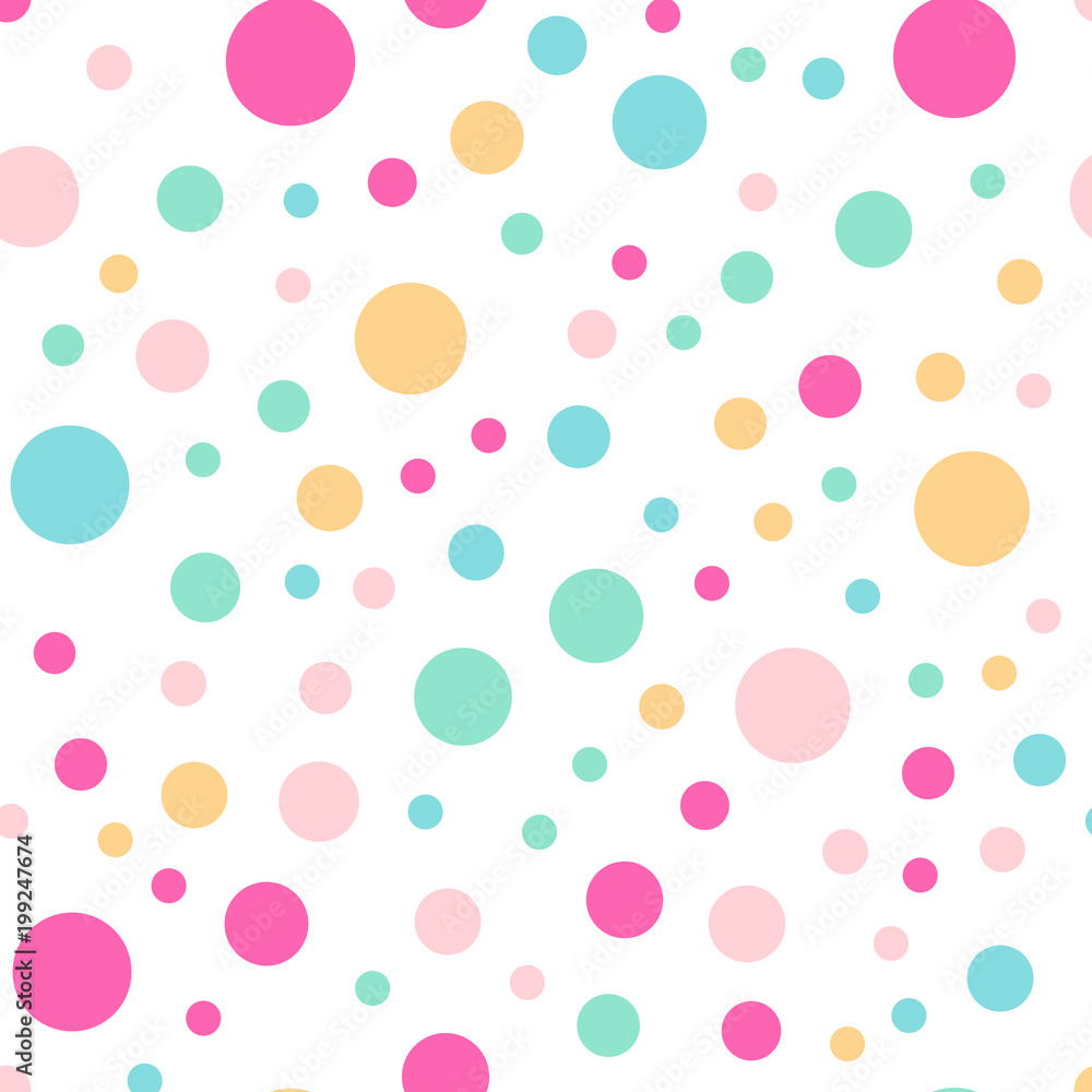 Colorful polka dots seamless pattern on white 3 background. Excellent classic colorful polka dots textile pattern. Seamless scattered confetti fall chaotic decor. Abstract vector illustration.