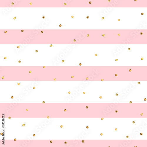 Golden dots seamless pattern on pink striped background. Uncommon gradient golden dots endless random scattered confetti on pink striped background. Confetti fall chaotic decor.