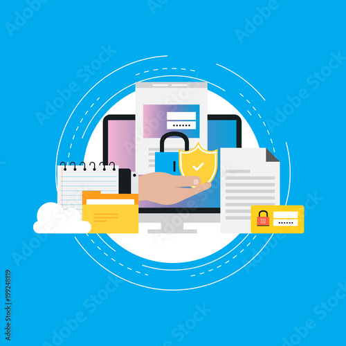 Data security flat vector illustration design. Secured information, data privacy and padlock protection. Icon design for web banners and apps