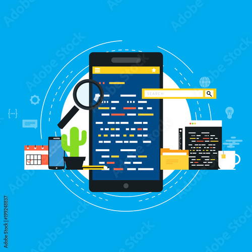 Software API prototyping and testing for smartphone flat vector illustration design. Smartphone user interface building process, API coding for phone, application development concept