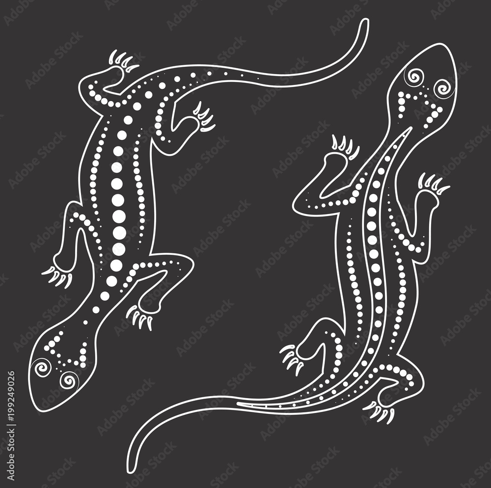 Vector lizard. Aboriginal art lizard illustration, Black and white