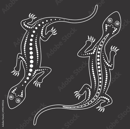 Vector lizard. Aboriginal art lizard illustration, Black and white lizard art.