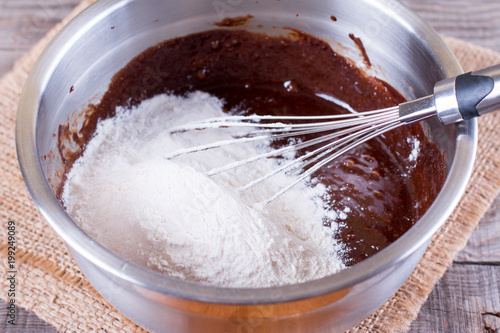 Mixed flour and chocolate dough for baking cake