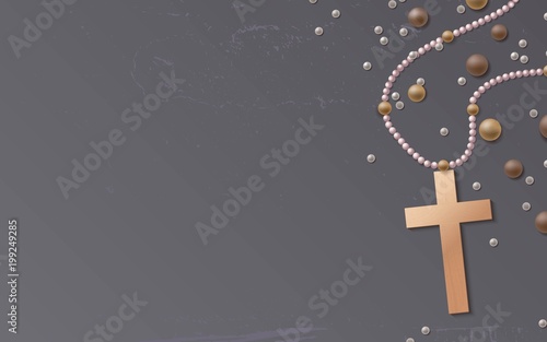 Cross and beads on shabby background. Vector illustration
