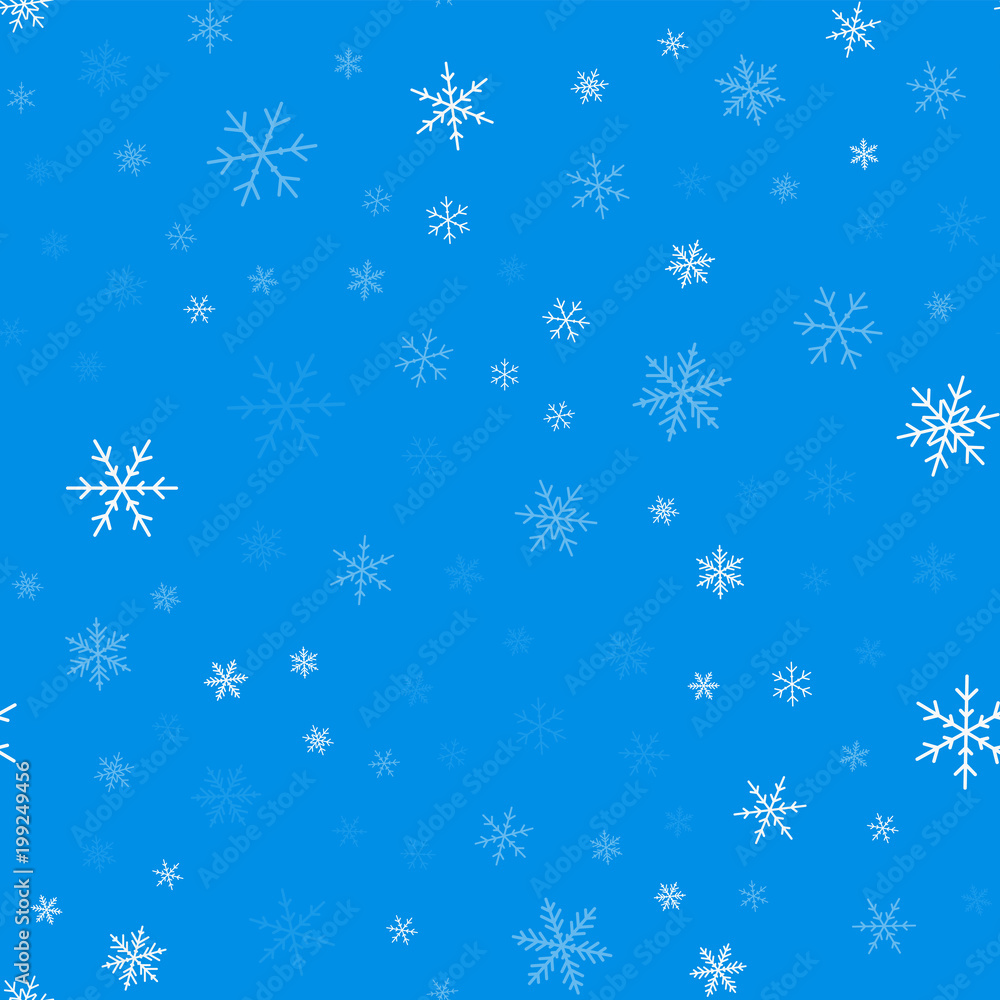 Light blue snowflakes seamless pattern on blue Christmas background. Chaotic scattered light blue snowflakes. Wonderful Christmas creative pattern. Vector illustration. Light blue snowflakes seamless pattern on blue Christmas background. Chaotic scattered light blue snowflakes. Wonderful Christmas creative pattern. Vector illustration.
