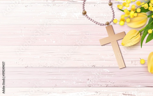 Cross, beads, mimosa branch and yellow tulips on pink rustic wooden background. Vector illustration