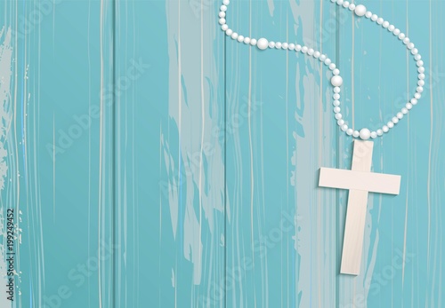 White beads and cross on blue rustic wooden background. Vector illustration