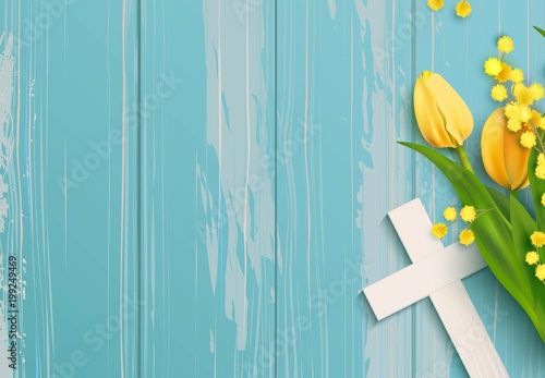 White cross, mimosa branch and yellow tulips on blue rustic wooden background. Vector illustration