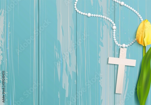 White beads, cross and yellow tulip on blue rustic wooden background. Vector illustration