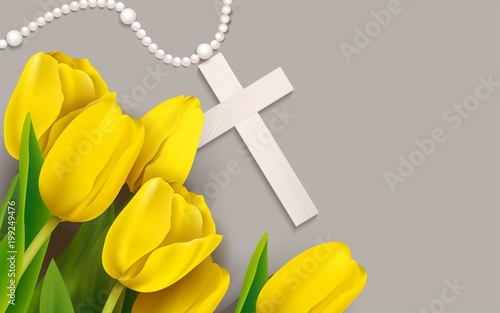 White beads, cross and yellow tulip on shabby background. Vector illustration