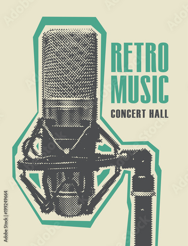 Plakat Wektorowy plakat dla retro muzyki z realistycznym mikrofonem. Kolekcja muzyczna, retro sound design