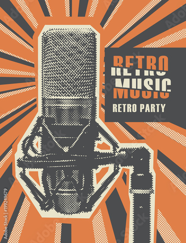 Plakat Wektorowy plakat dla retro muzyki z realistycznym mikrofonem na retro tle z promieniami. Kolekcja muzyczna, retro sound design