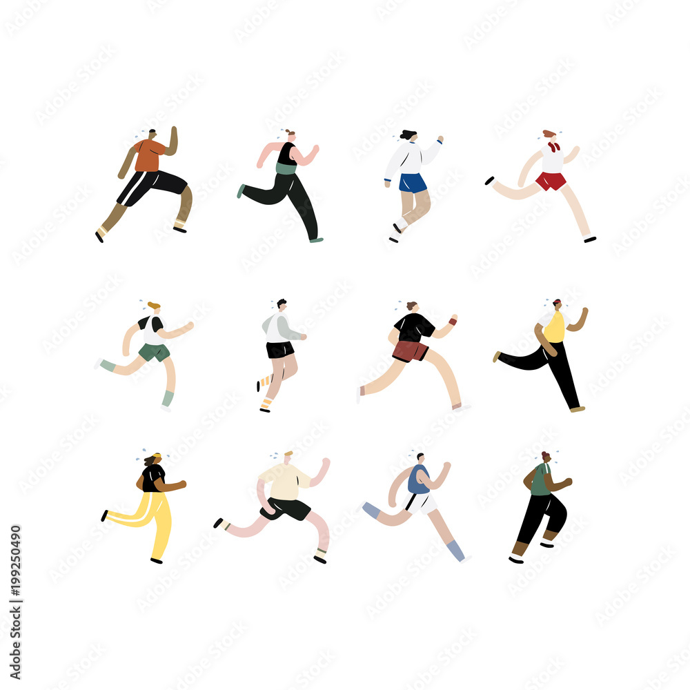 Hand drawn vector illustration of running and jogging people set.