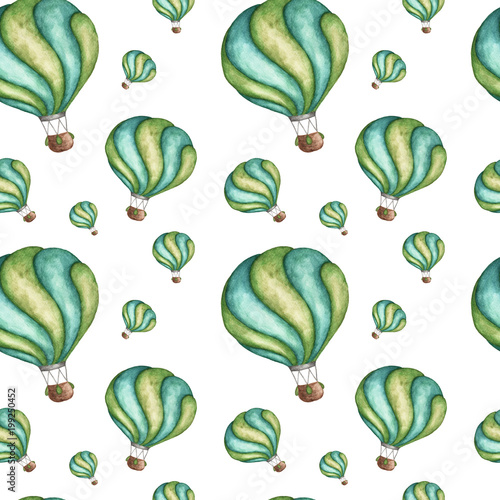 Watercolor seamless pattern with cartoon hot air balloon on white background