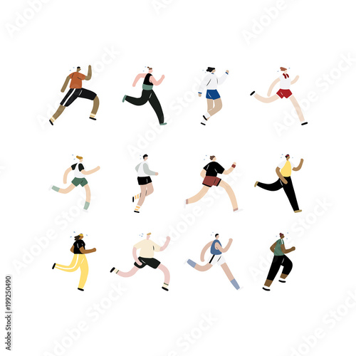 Hand drawn vector illustration of running and jogging people set.