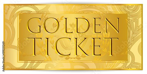Gold ticket, golden token (coupon) isolated on white background. Design useful for any festival, party, cinema, event, entertainment show