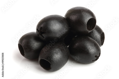 whole black olives isolated on white background macro