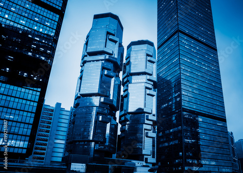 China,Hong Kong,modern skyscrapers,blue toned.