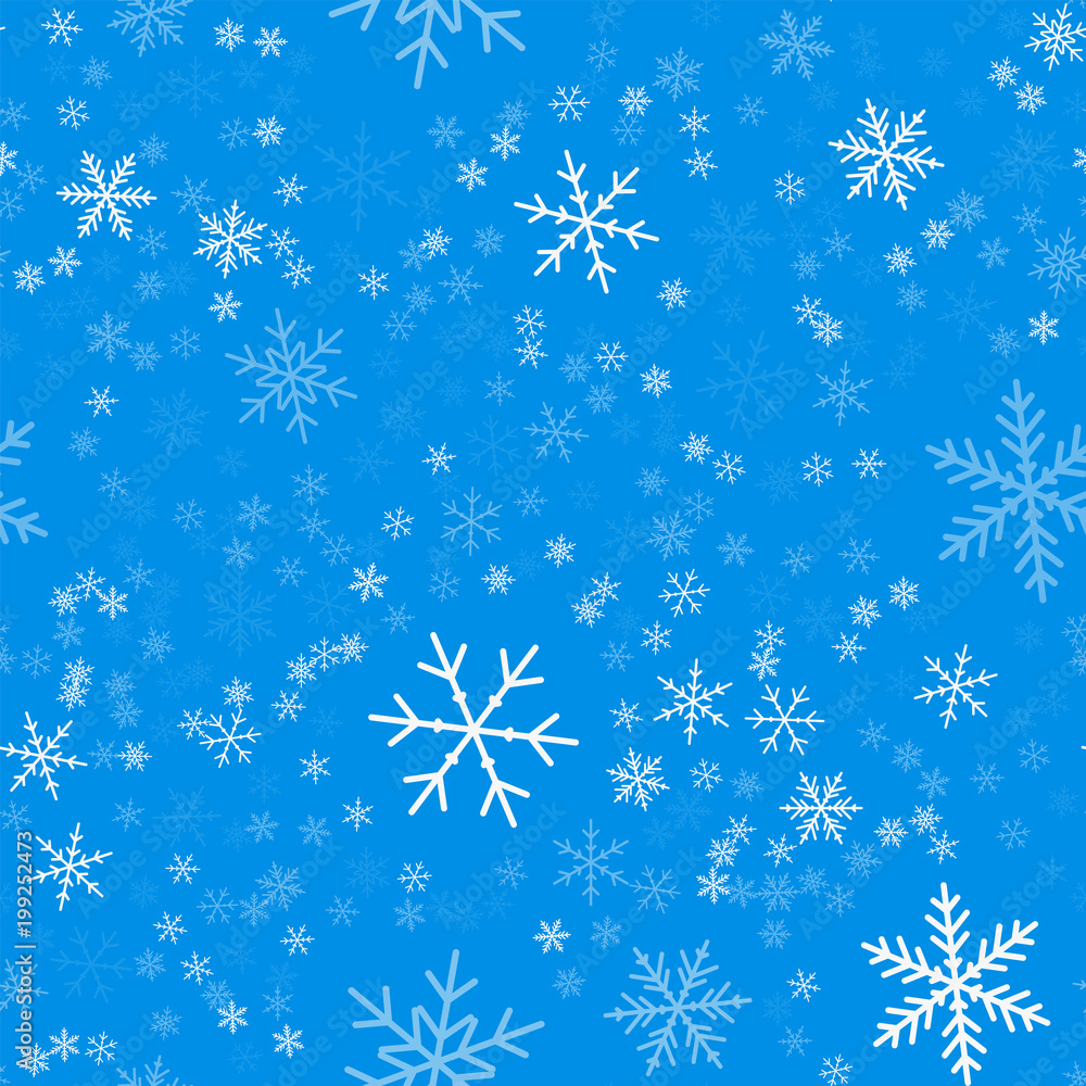 Fototapeta premium Light blue snowflakes seamless pattern on blue Christmas background. Chaotic scattered light blue snowflakes. Excellent Christmas creative pattern. Vector illustration.