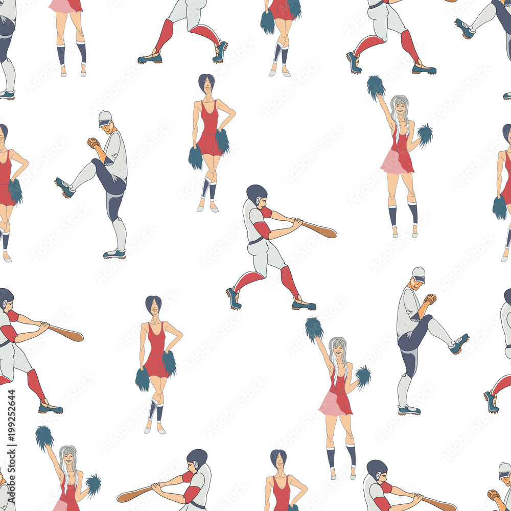 Seamless pattern. Vector hand drawn silhouettes of a  baseball players . Cute cartoon character.