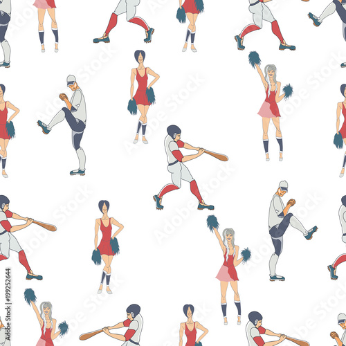 Seamless pattern. Vector hand drawn silhouettes of a  baseball players . Cute cartoon character.