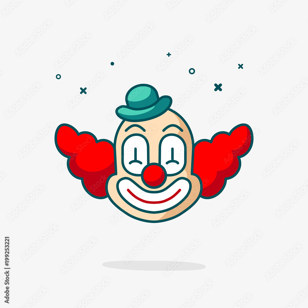 Clown head vector icon. Fun cute smile mask face isolated on white. Circus  carnival cartoon art illustration. Design for happy birthday party, poster,  banner, card, web site, modern trendy flat style Stock