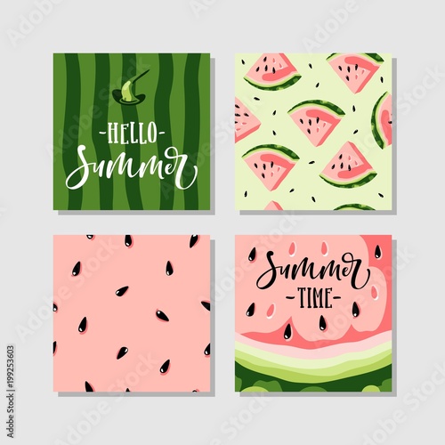 Vector summer cards set with watermelon and hand written text.