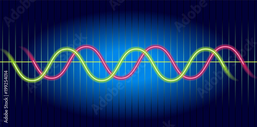 Neon wave graph. Oscilloscope with image of wave diagram.