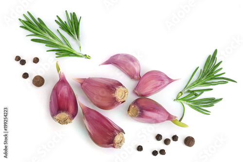 garlic with rosemary and peppercorn isolated on white background with copy space for your text. Top view. Flat lay