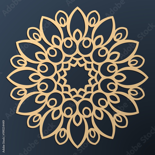 Laser cutting mandala. Golden floral pattern. Oriental silhouette ornament. Vector coaster design.