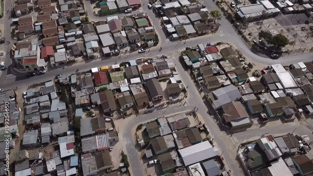 Township slum in Cape Town seen from drone flying above Township slum in Cape Town seen from drone flying above