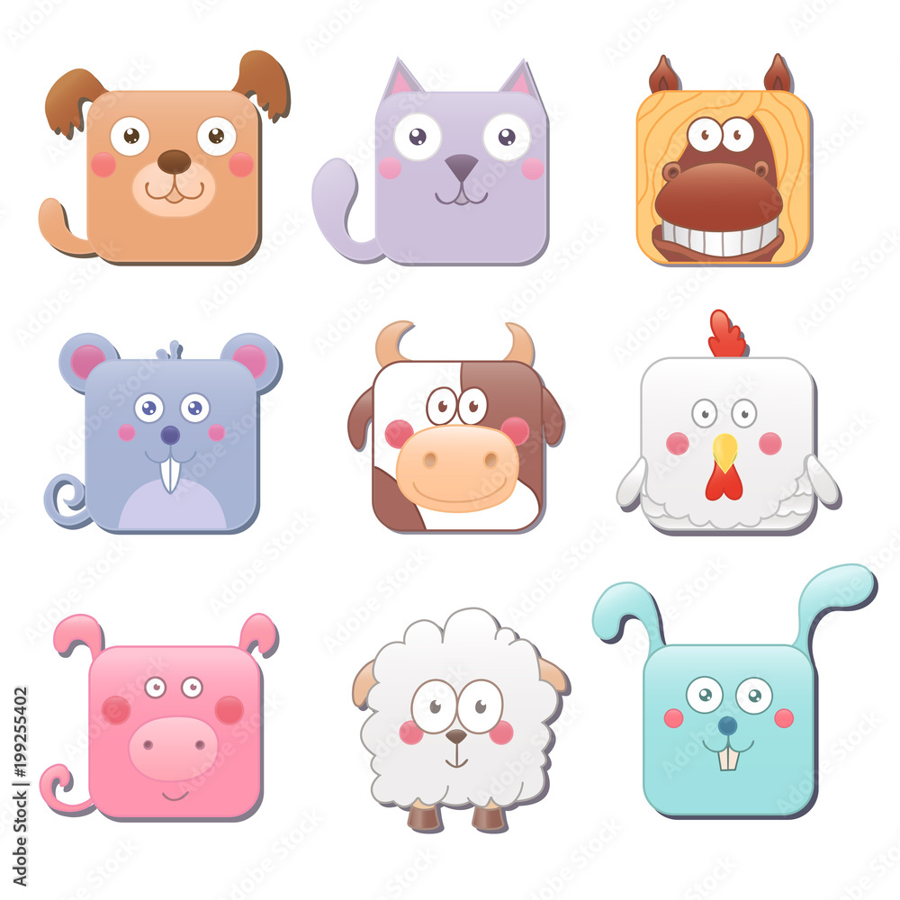 Set of cute square farm animals isolated on white background. Dog, cat, horse, mouse, cow, chicken or hen, pig, sheep, rabbit or hare.