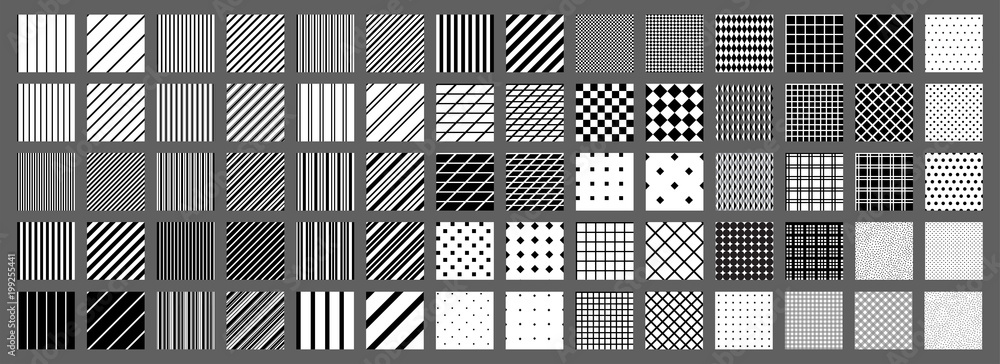 Big set of 70 seamless abstract patterns. Black and white. Vector. - obrazy, fototapety, plakaty 