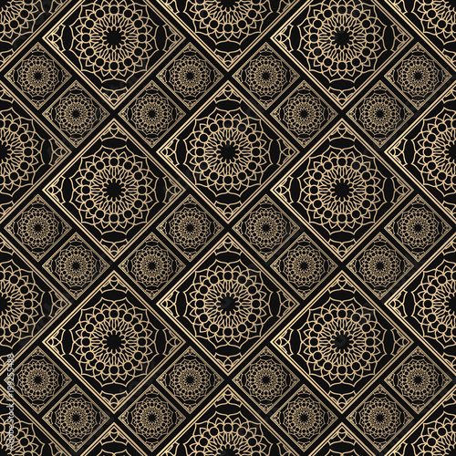 Islamic vector design. Seamless pattern oriental ornament. Black and golden textile print. Floral tiles.