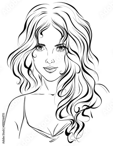 Graphic portrait of a young girl with long wavy hair. Vector illustration