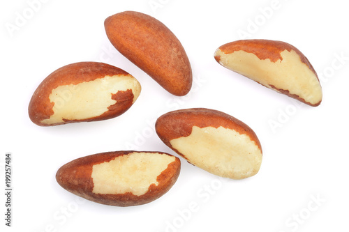 Brazil nuts isolated on white background closeup. Top view. Flat lay
