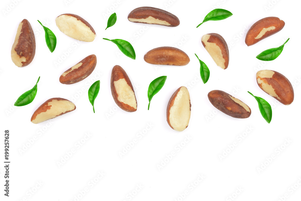 Brazil nuts isolated on white background closeup with copy space for your text. Top view. Flat lay Brazil nuts isolated on white background closeup with copy space for your text. Top view. Flat lay