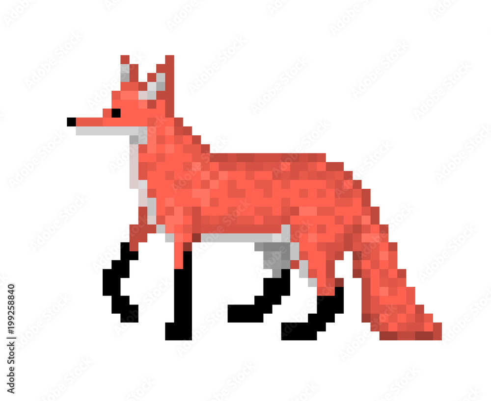 Red fox standing on the ground, pixel art character isolated on white  background. Wild animal. Old school 8 bit slot machine pictogram. Retro  80s; 90s video game graphics. Zoo/national park carnivore. Stock