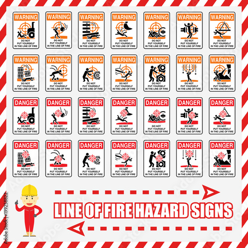 Set of safety signs and symbols for recognizing line of fire hazards. Signs for warning and remind all workers for area of line of fire hazard. Unsafe behaviors.