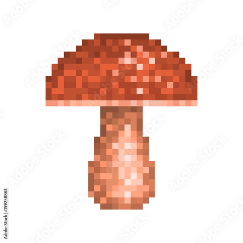 Brown forest mushroom, pixel art symbol isolated on white background. Autumn harvest. Eco organic food market logo. Old school 8 bit slot machine pictogram. Retro 80s; 90s video game graphics.