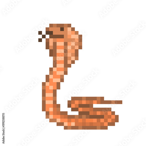 Brown cobra snake on the ground, pixel art character isolated on white background. Wild animal. Old school 8 bit slot machine pictogram. Retro 80s; 90s video game graphics. Zoo/national park reptile.