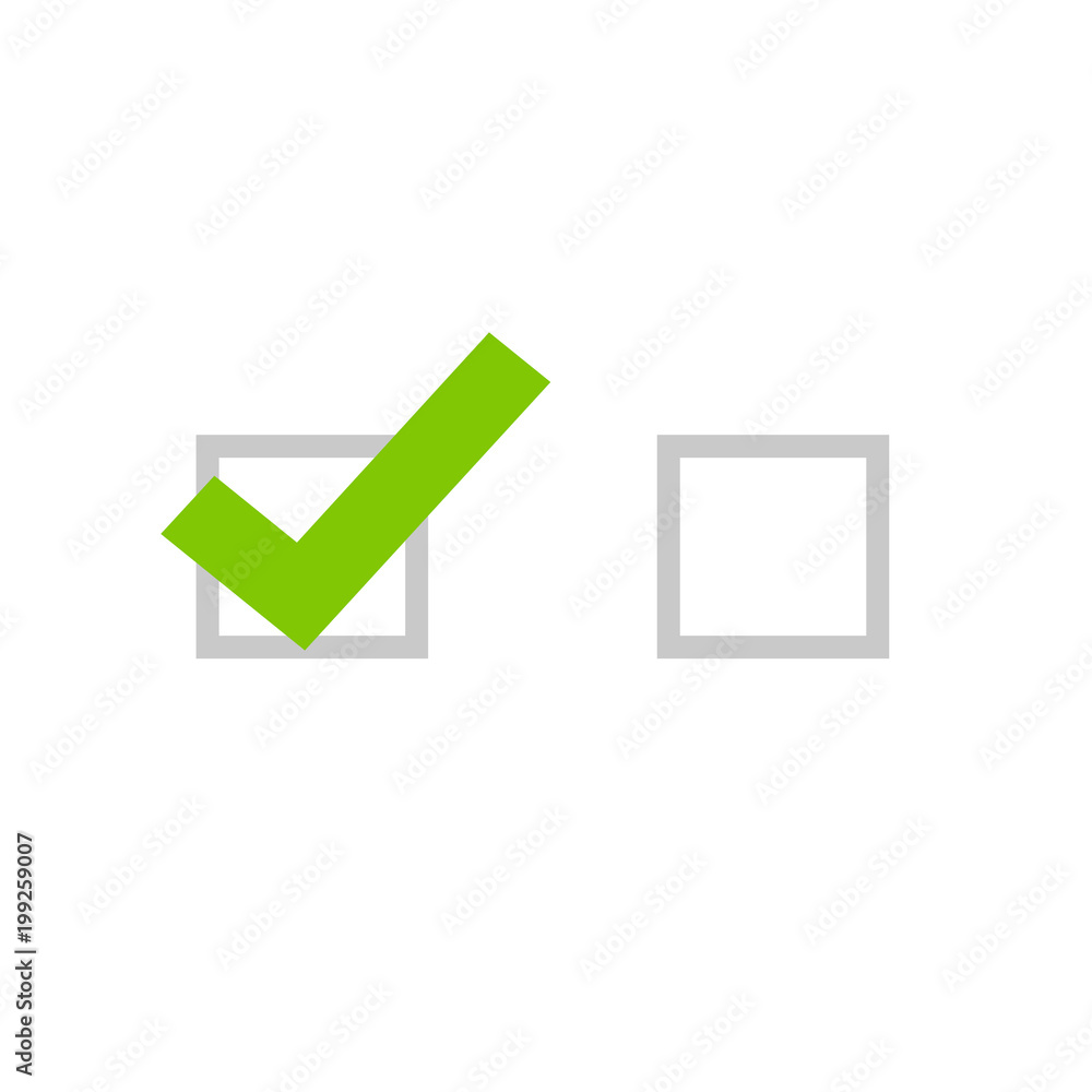 Tick icon vector symbol, flat cartoon green checkmark isolated on white  background, checked and empty icon or correct choice sign, square check box  mark or checkbox pictogram Stock Vector | Adobe Stock