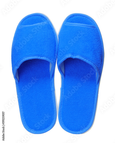 Blue hotel slippers isolated on white background. Close up, high resolution