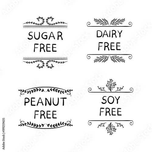 Hand Sketched VECTOR Icons for Packaging of Health Eat Products: Sugar, Peanut, Dairy, Soy FREE Production.