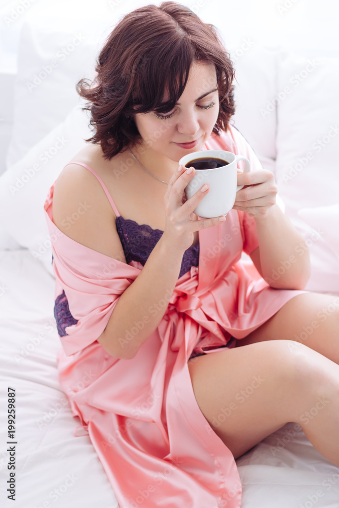 portrait caucasian woman smell caffee white bed portrait caucasian woman smell caffee white bed