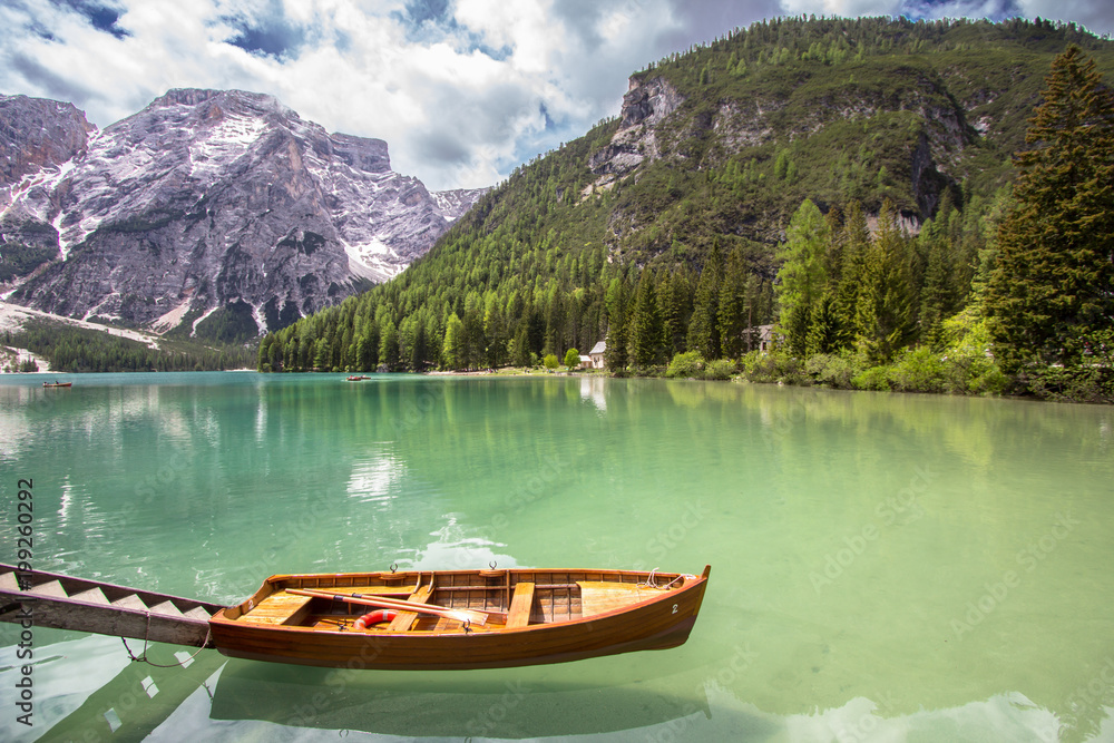 Boats on the Braies Lake, Dolomites, Italy