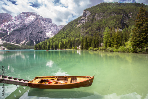 Boats on the Braies Lake, Dolomites, Italy