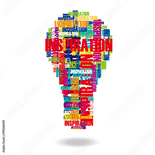 インスピレーションの文字で作られた電球のイラスト（黄色）｜Illustration of light bulb drawn with inspirational characters