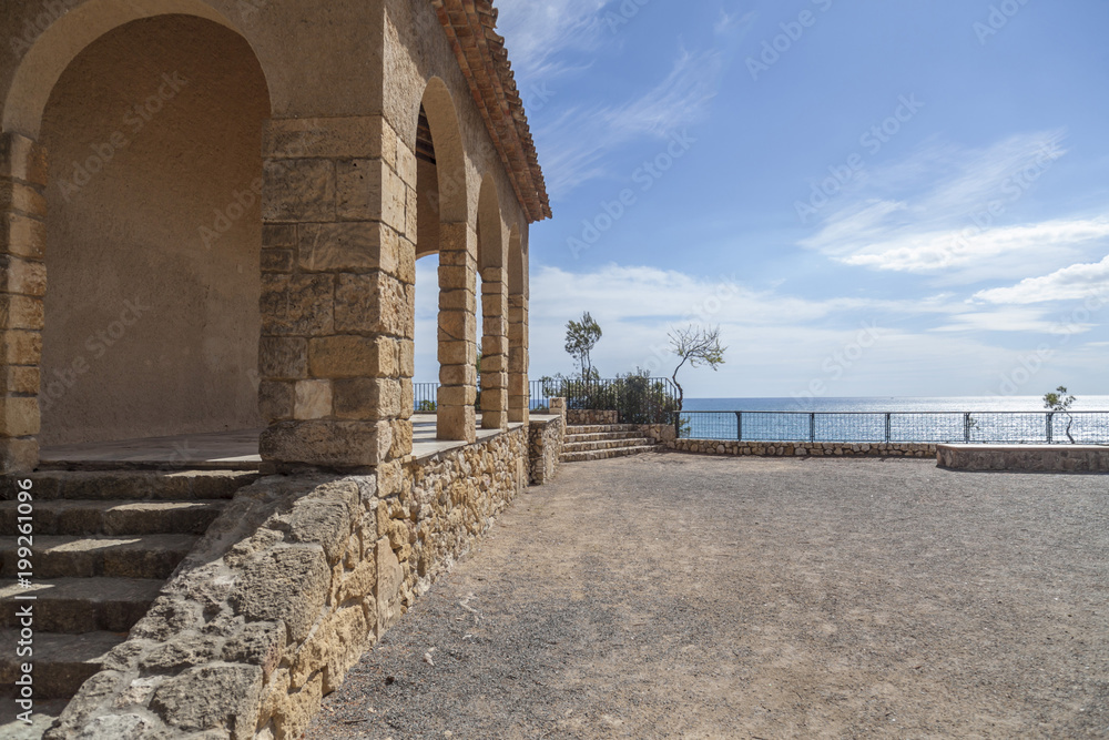 Ancient hermitage and mediterranean view lookout in Roda de Bera, Costa Dorada, Catalonia, Spain.
